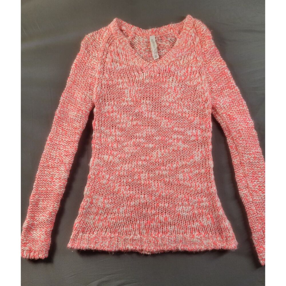 Aeropostale Coral Pink White Chunky Knit V-Neck Sweater Small